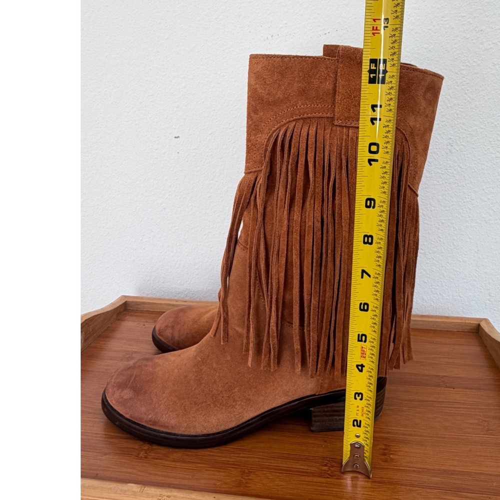 Lucky Brand Brown Suede Fringe Western Boots Womens 8M Cognac Boho Pull On - Picture 3 of 16
